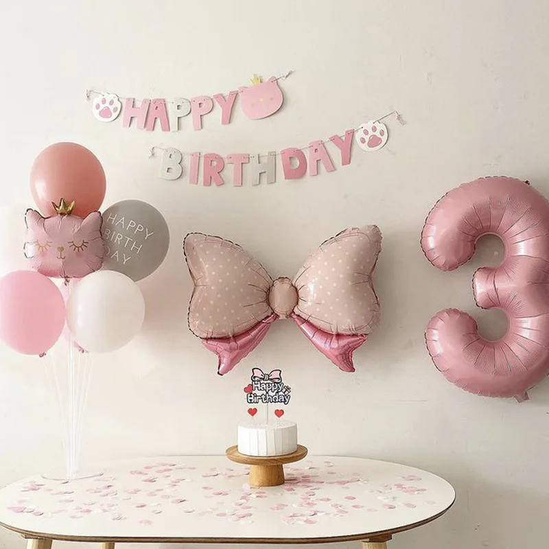 Pink Happy Birthday Hanging Banner Garland Crown Cat Flag Banner Foil Balloons Set Birthday Party Anniversary Baby Shower Decor