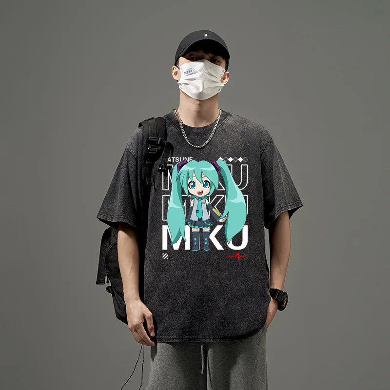 

Men's T Shirts Hatsune Miku Print Women's Vintage Washed Harajuku Casual Oversized Short Sleeve Tees Gym Y2k Clothes Tops Summer
