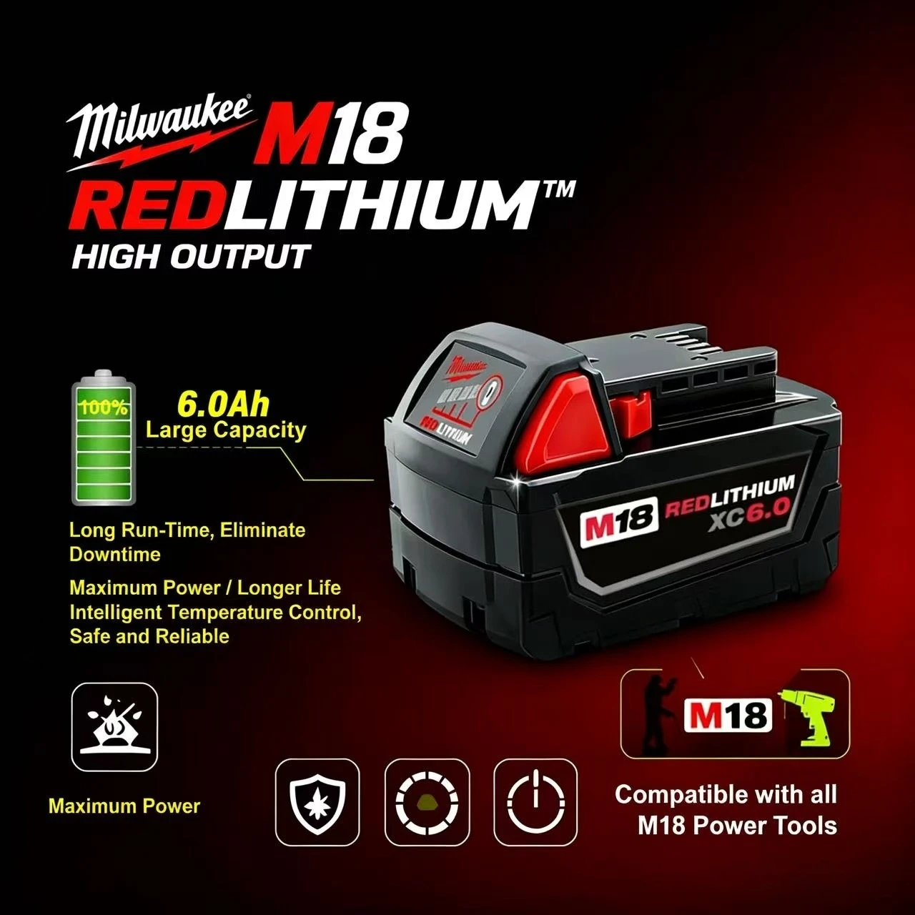 

Milwaukee M18B6 Upgraded Replacement Battery For Milwaukee M18 6.0Ah Li-ion Battery Compatible With M18 Series Tools