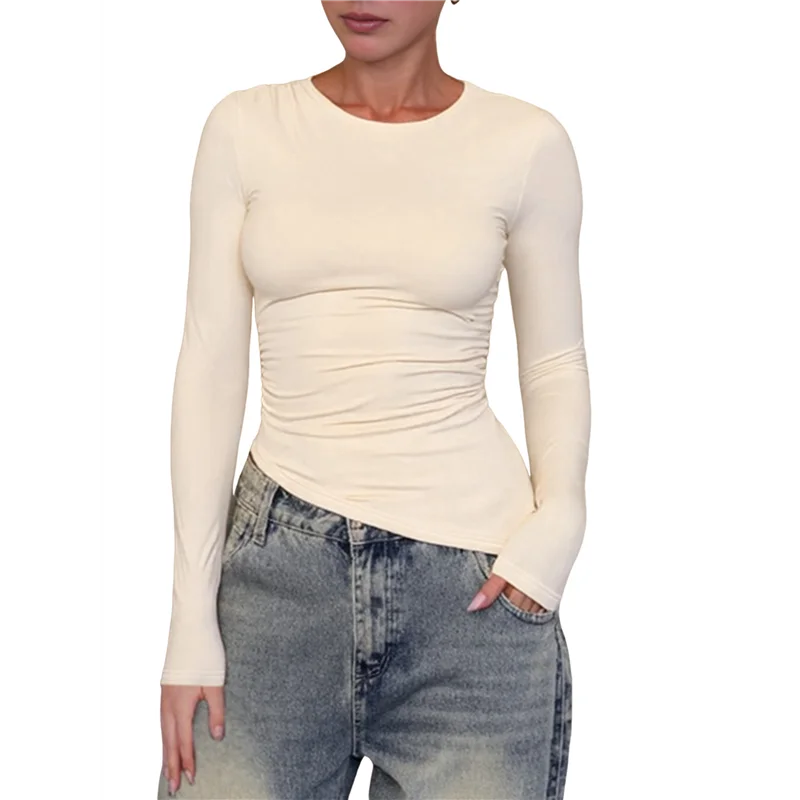 

【D75C】Womens Long Sleeve Shirts 2025 Fall Trendy Crewneck Slim Fit Asymmetrical Tops Ruched Tee Y2k Clothes