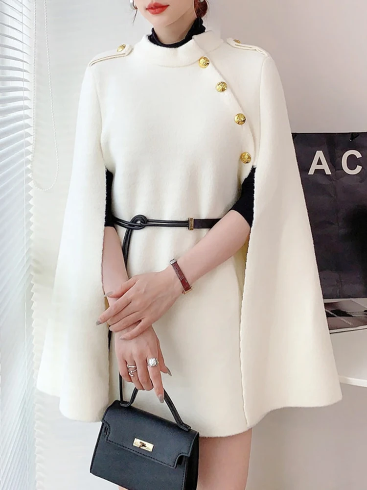 TWOTWINSTYLE Patchwork Belt Elegant Chic Long Coats For Women O Neck Long Sleeve Spliced Button Designer Coats Female Fashion