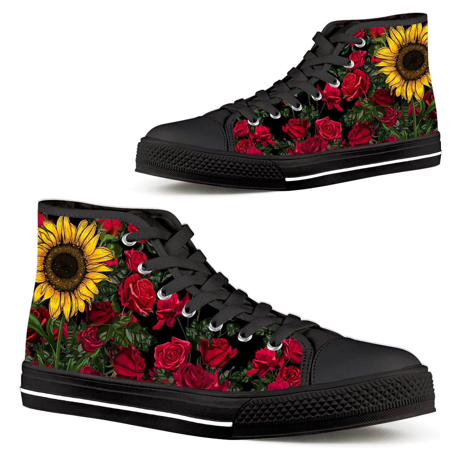 

ELVISWORDS Canvas Classic High Top Women's Sports Sneaker Red Rose Design Anti-slip Vulcanized Shoes Sunflower Black Flats Girl