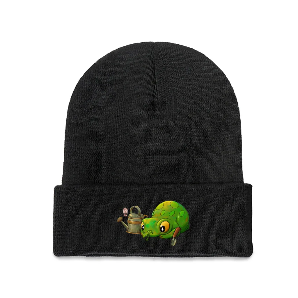 

cute frog looking at sprouting plant from garden beginning of spring Beanie Knitted Hat Caps Fur Women Men Bonnet Winter Warm