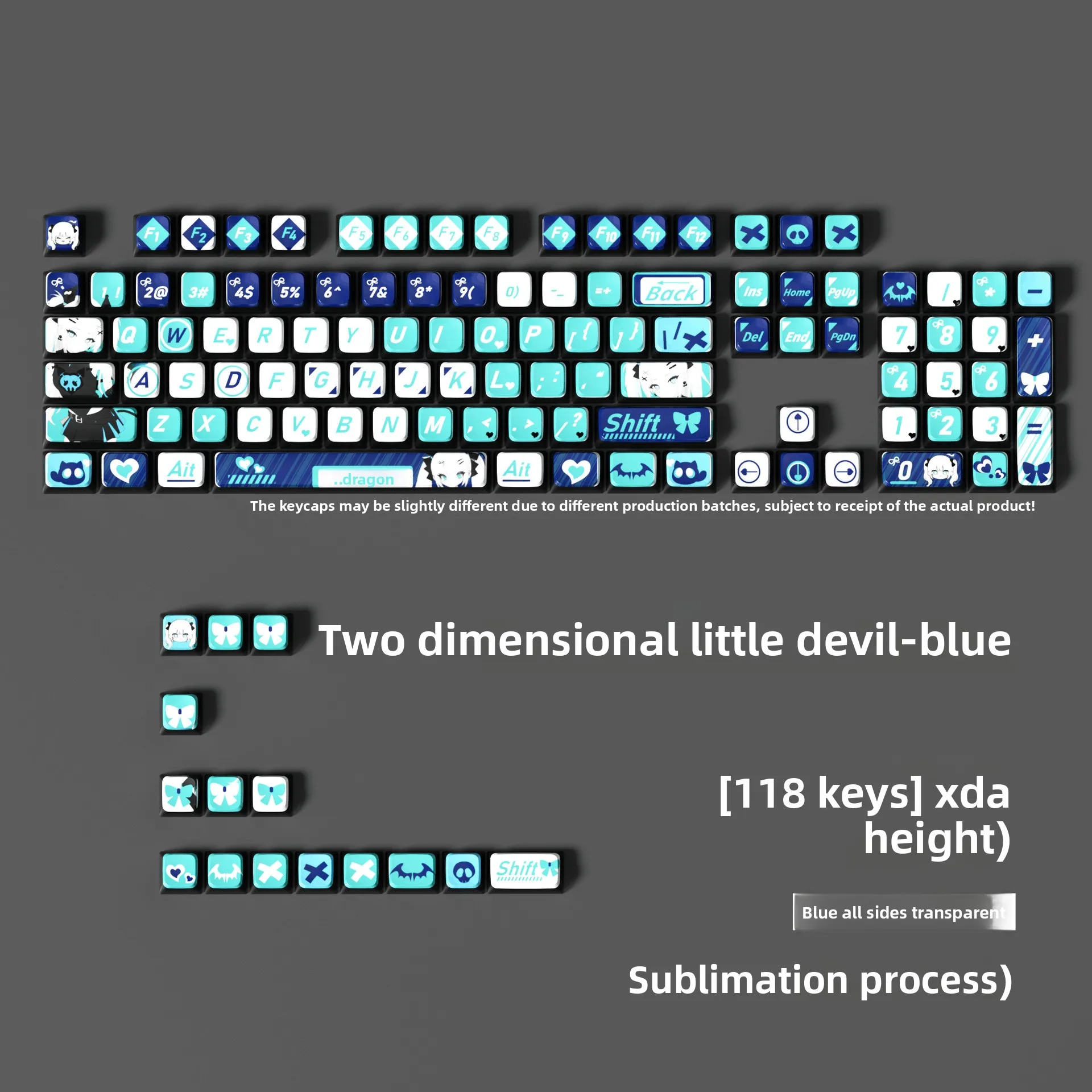 Little Devil - Blue Anime-Themed Keycaps 118-Key XDA Profile, Thermal Sublimation PBT, Universal for Mechanical Keyboards