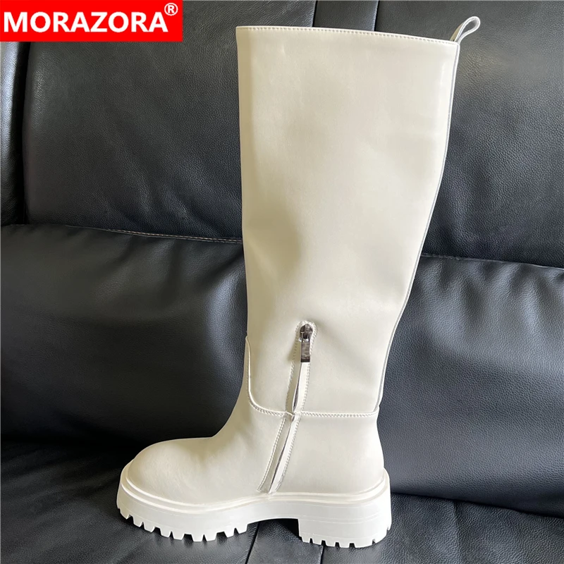 MORAZORA Plus Size 34-43 New Full Cow Leather Women Boots Slip On Chunky Platform Knee High Boots Ladies Autumn Winter Shoes