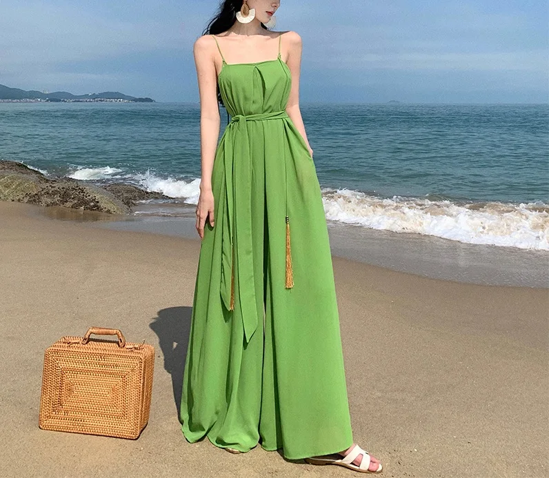 

High waisted wide leg pants for women's summer drape seaside vacation camisole jumpsuit and floor mop pants