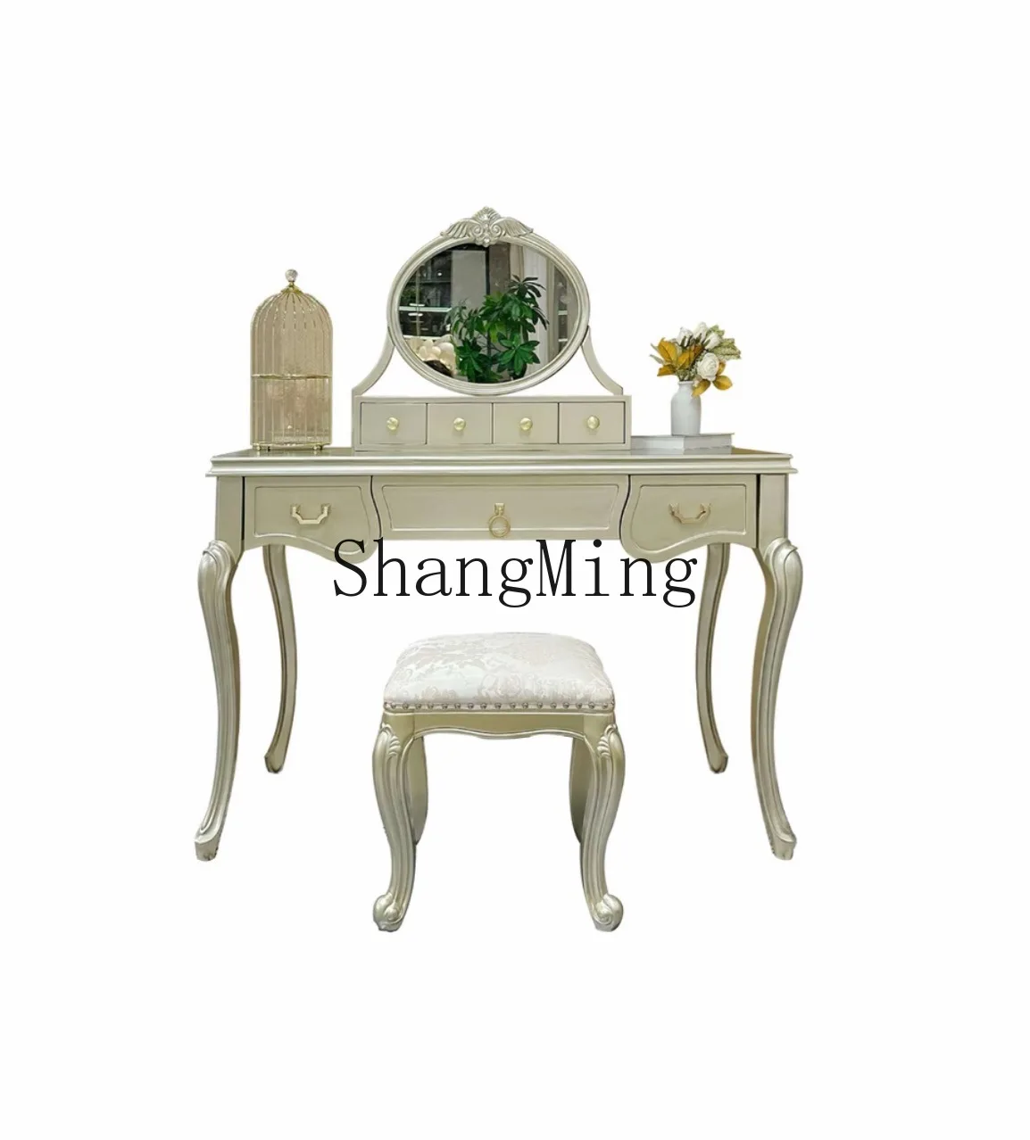 

CL Light Luxury Solid Wood Dressing Table Modern Simple Bedroom Cream Style Storage Champagne Gold Dressing Table with Mirror