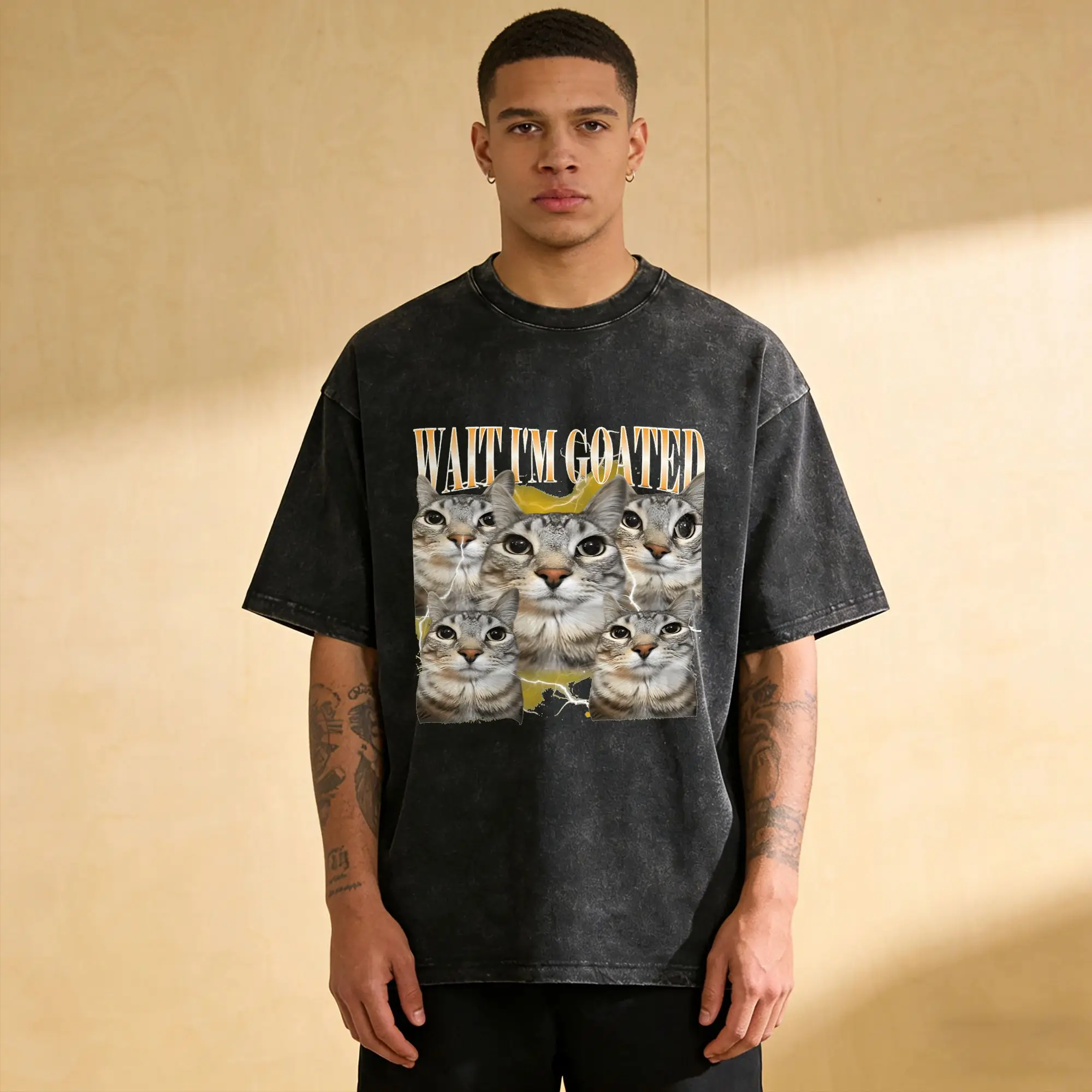 Wait Im Goated Cat Meme T-Shirt for Men  Vintage Cotton Tees Round Collar Short Sleeve T Shirt Birthday Present Clothing