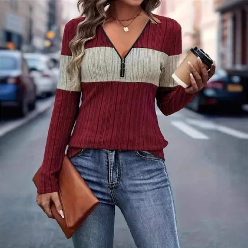 2025 Autumn Long Sleeve Top T Shirt Tees Blusa Pullover Color Colorful Patchwork Contrast All-match Temperament Commuting Casual