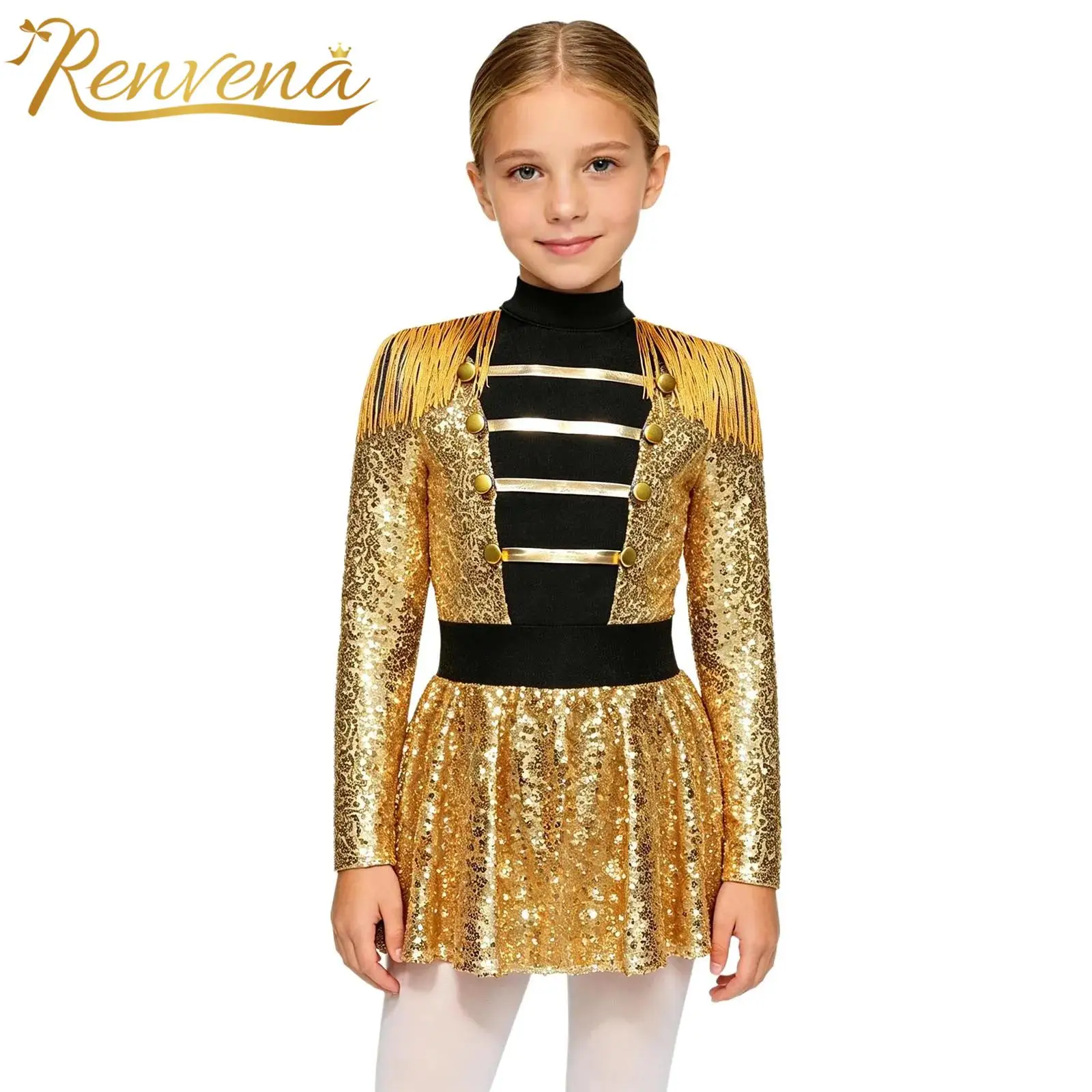 Kids Girls Ringmaster Circus Costume Lion Tamer Fancy Dress Tassel Epaulet Shiny Sequin Leotard Dress Majorett Halloween Clothes