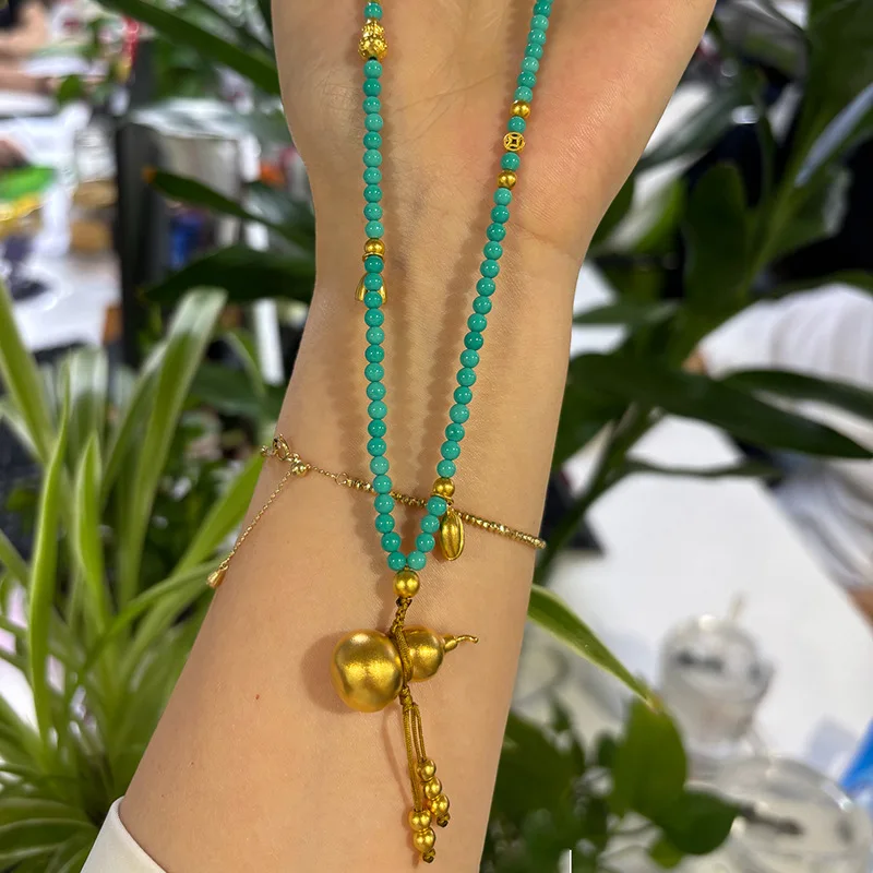 

Turquoise long beads necklace Ethnic style luster gourd pendant sweater chain light luxury classical wedding jewelry accessories