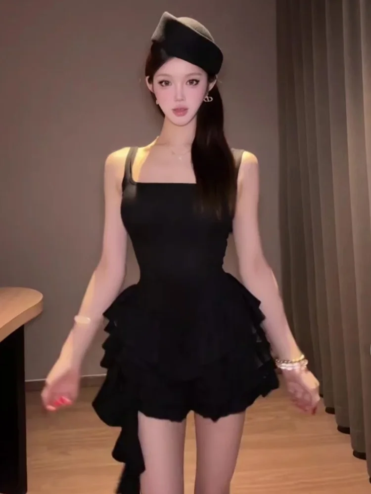 

Black N13 SYXATN Ballet Style Belted Strap Dress Summer Spicy Girl Skirt Gown Women High Waist Splice Drifting Ribbon Cake Skirt