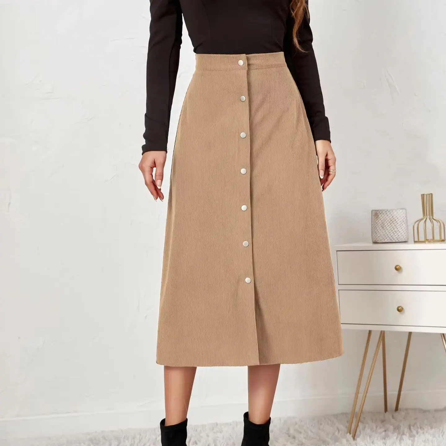 Women Corduroy Skirt High Waist Single Button Autumn Winter Long Dress with Large Skirt for Girls ropa para mujer