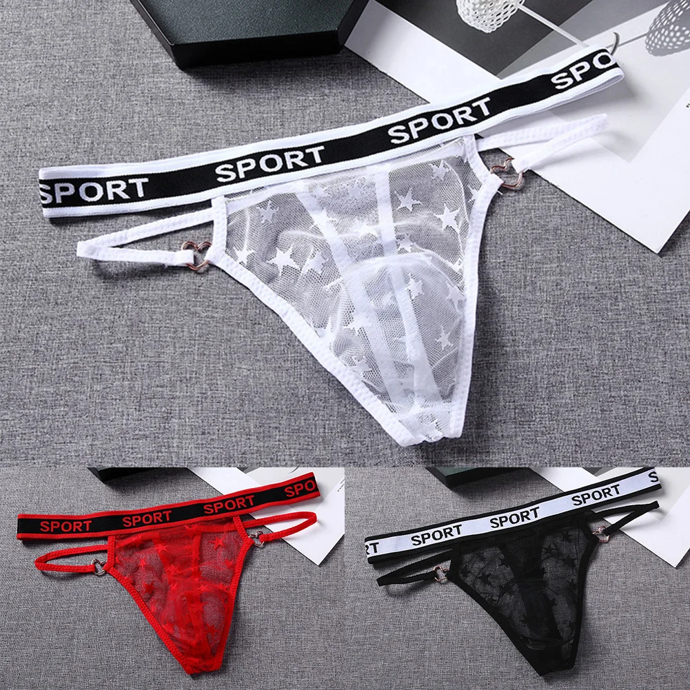 Men Mesh Transparent Low Waist Thong Briefs See Through Underwear Underpants G-String T-Back Thongs Lingerie Panties