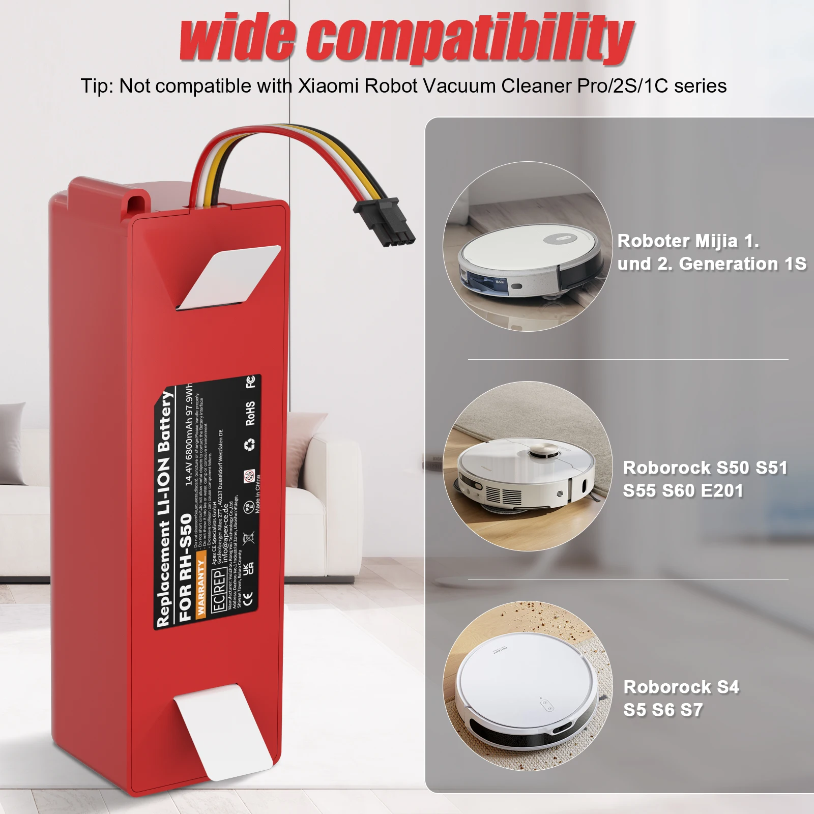 Vacuum Cleaner Battery Replacement For Xiaomi Roborock S50 S51 S55 T60 E352-00 S502-00 C10 E20 E35 14.4V 6.8AH SC Batteries