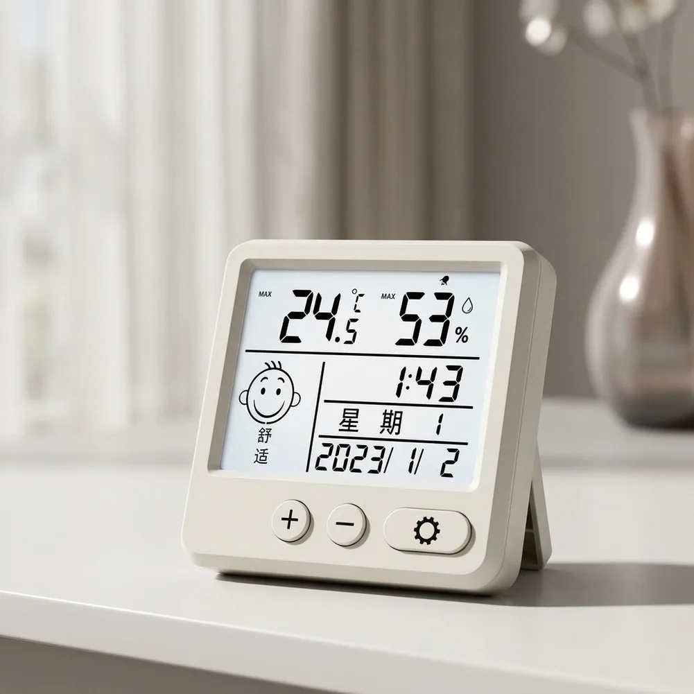 White Digital Clock with Color LCD Calendar Temperature Humidity Sensor Rechargeable Battery Compact 9.8x9.8x2.1CM Dimensions