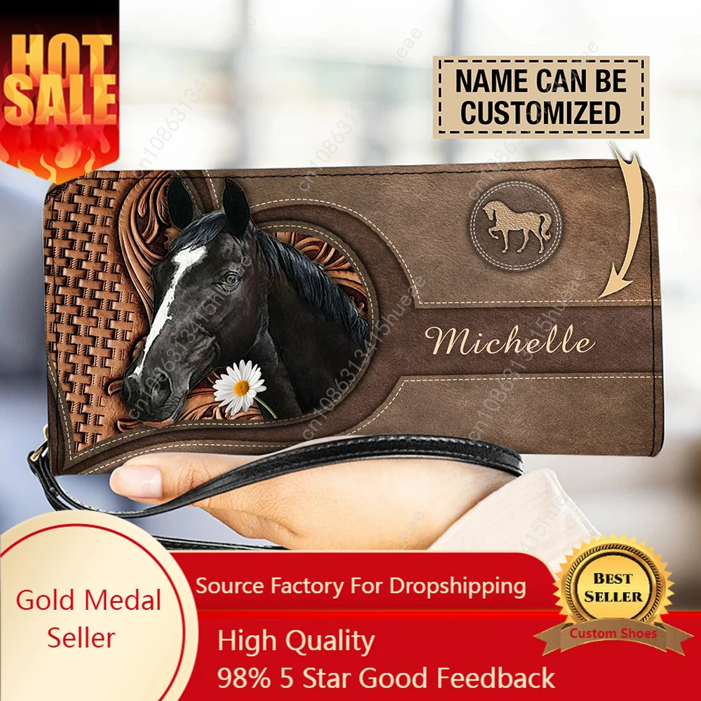 Luxury Brand Purse for Women Animal Horse 3D Print Long Wallets Money Bags Leather Business Card Holder Personalized Name Clutch