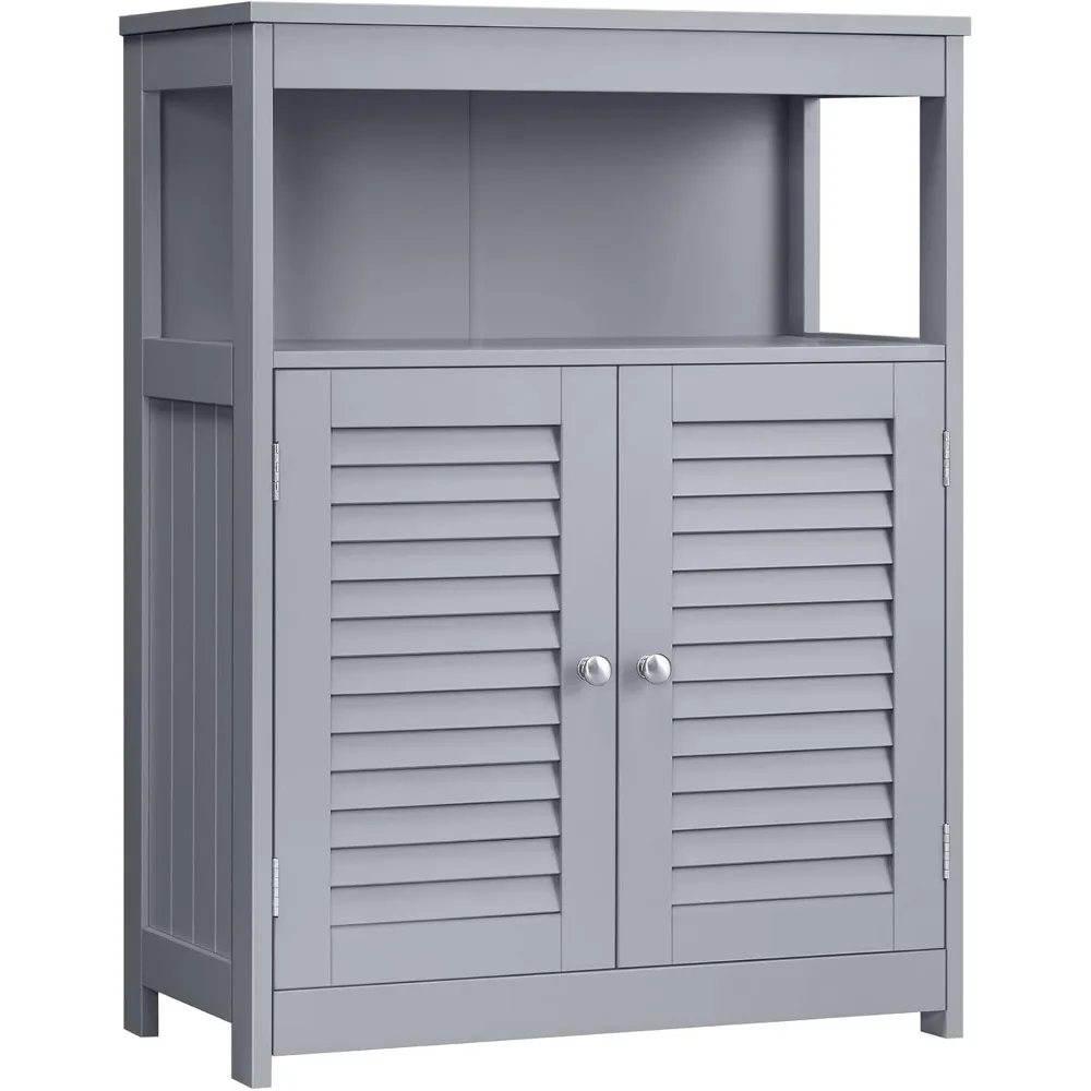 Independent bathroom storage cabinet with double leaf doors and adjustable shelves, suitable for bathrooms, pigeon gray