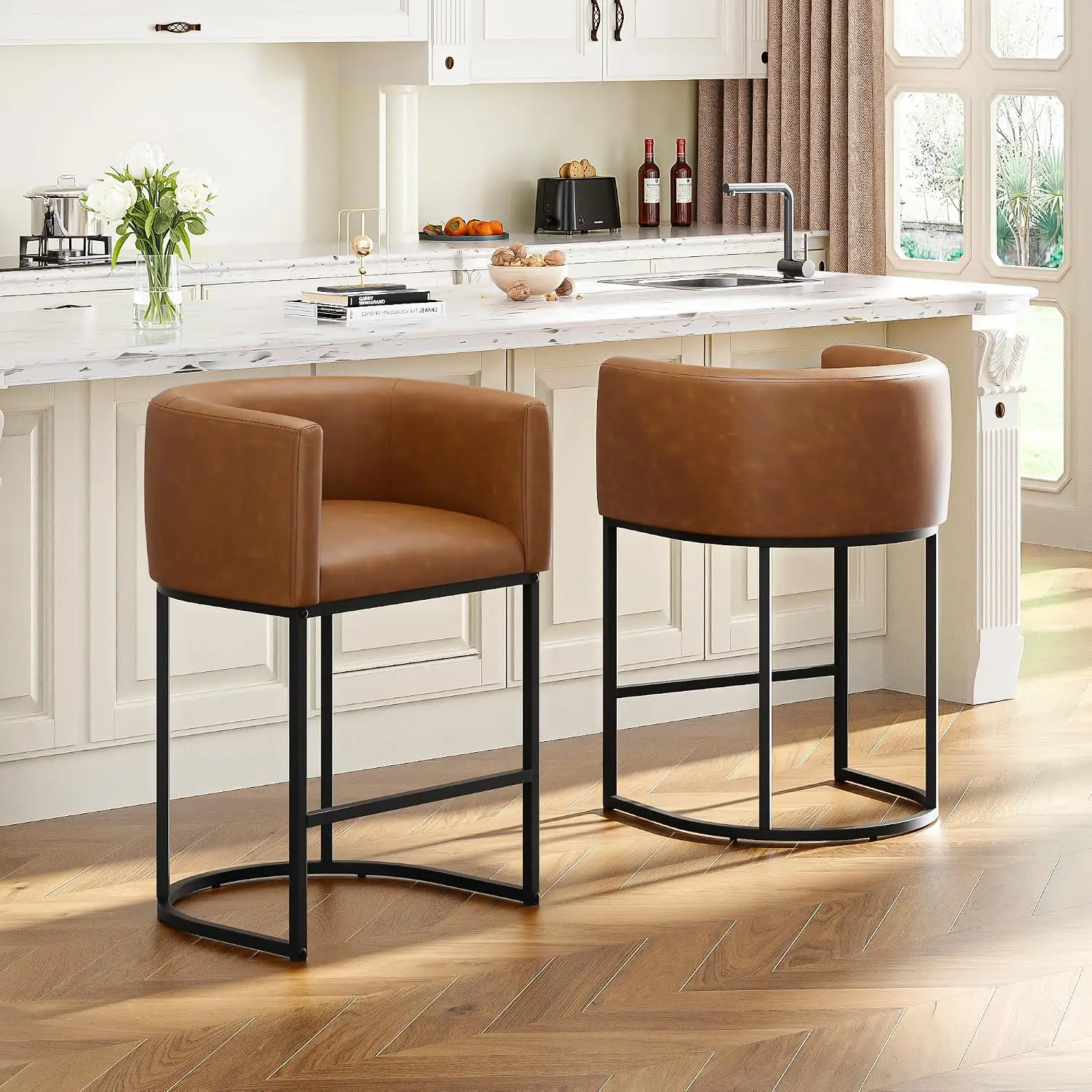 26" H Counter Height Bar Stools Set of 2, Modern Barrel Counter Stools with Backrest and Arms, Faux Leather Upholstered Accent B