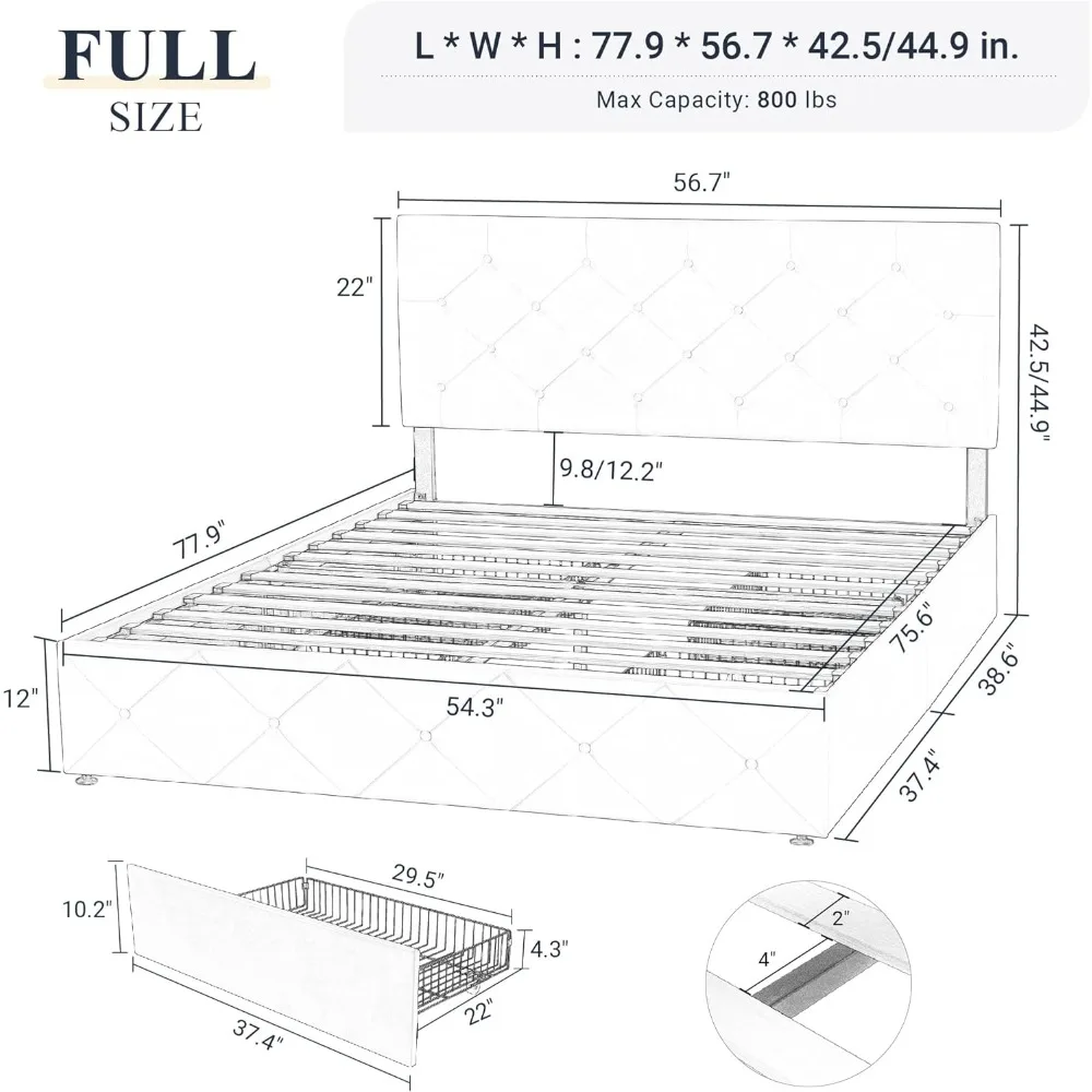 Full Size Platform Bed Frame with 4 Storage Drawers and Headboard, Diamond Stitched Button Tufted, Mattress Foundation