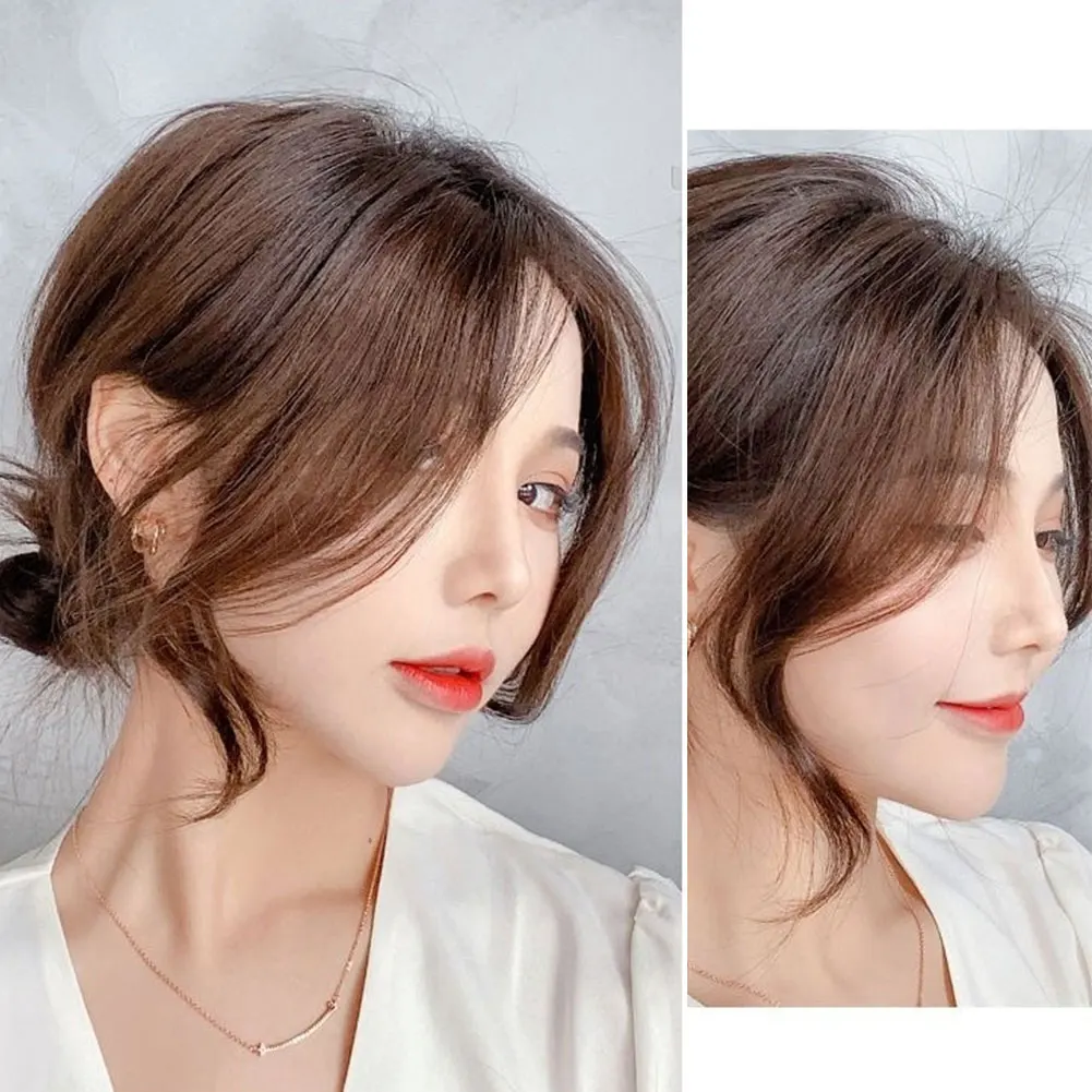 Women's Short Air Bangs Wig Natural Artificial Bangs Mid Split Single Clip Curly Wig Synthetic Hair Bangs Basic Style