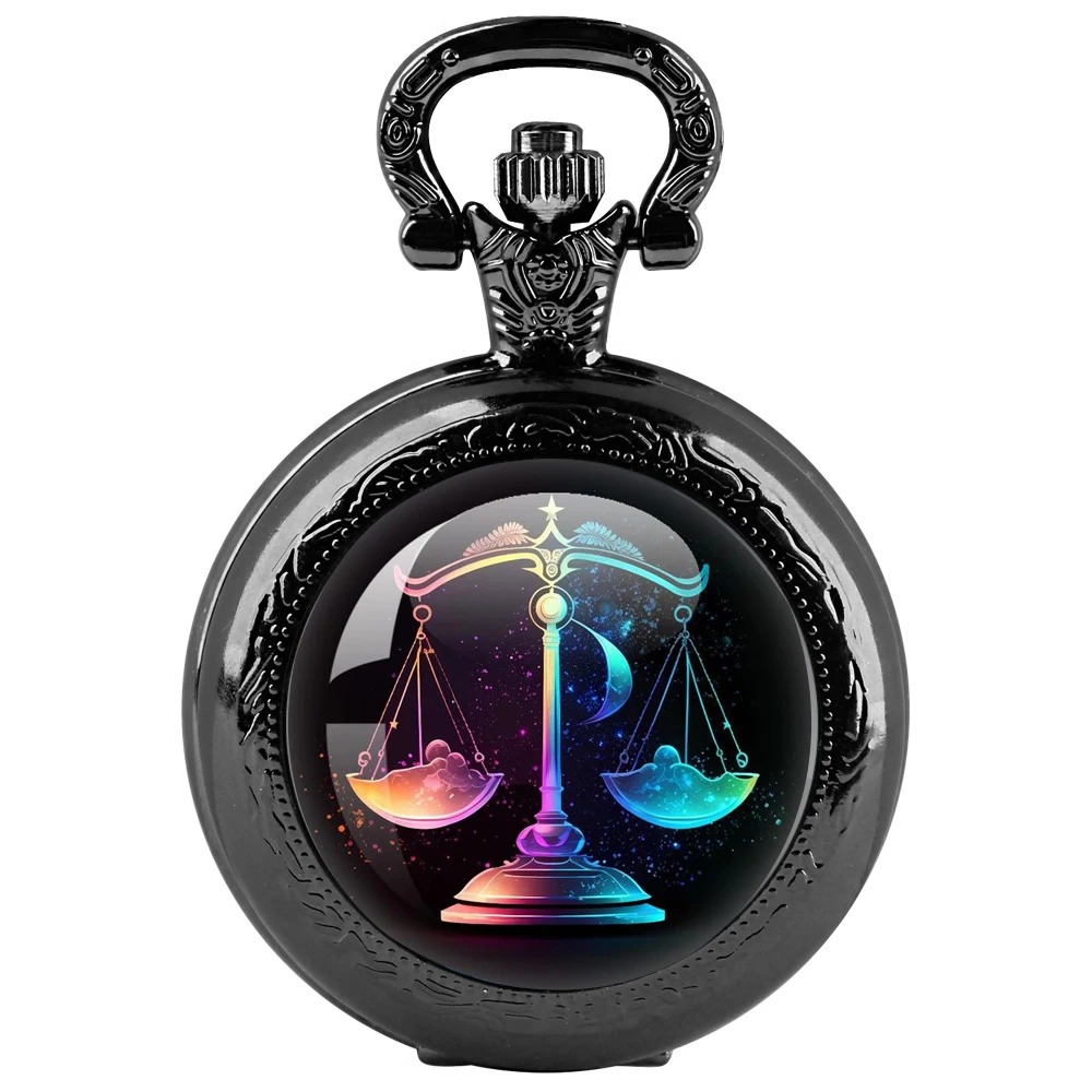 Vintage Libra Quartz Pocket Watch, Cool Black Necklace Pocket Watch, Unique Pendant Clock Gift