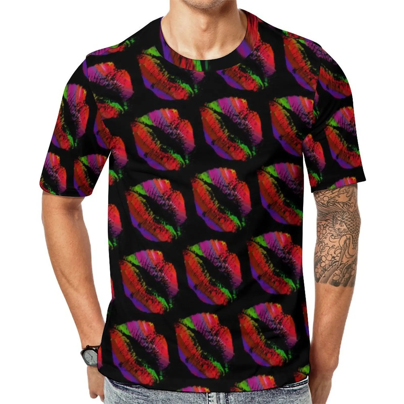 Colorful Lips T-Shirt Modern Art Print Trending T Shirts Men Awesome Tee Shirt Premium Short Sleeves Graphic Top Tees Plus Size