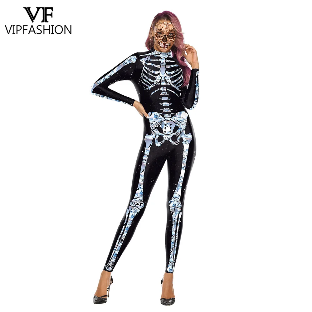 

VIP FASHION Glitter Skeleton Print Halloween Jumpsuit Festival Party Zentai Catsuit Sexy Bodysuit Fancy Costume Spandex Leotard