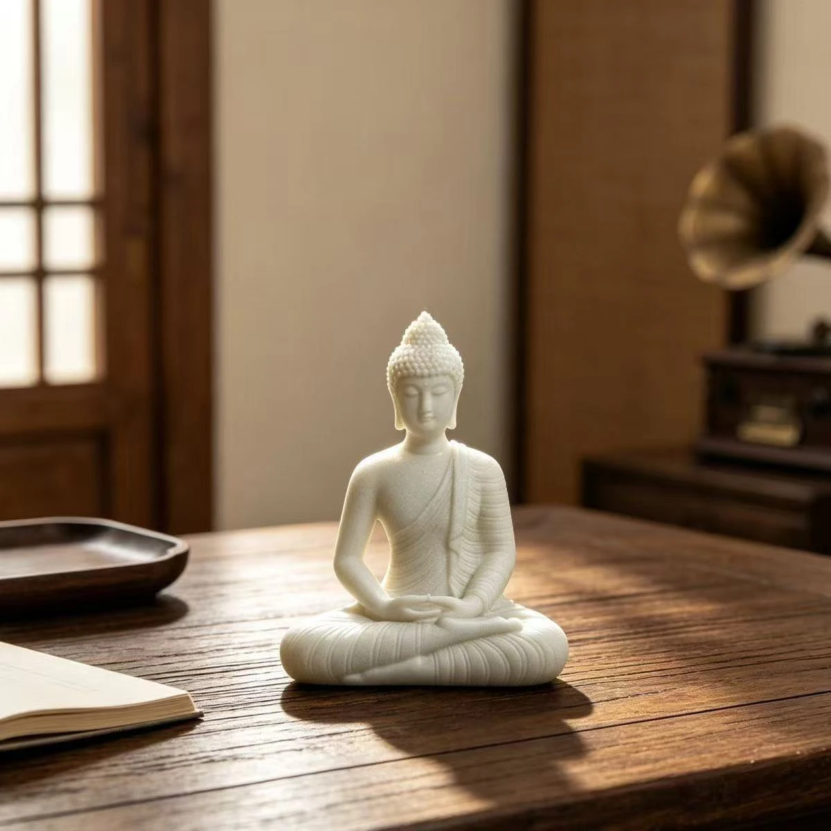 Mini Shakyamuni Buddha Statue White Faux Ivory Meditating Figurine Home Office Car Dashboard Decor Feng Shui Wealth Lucky Gift