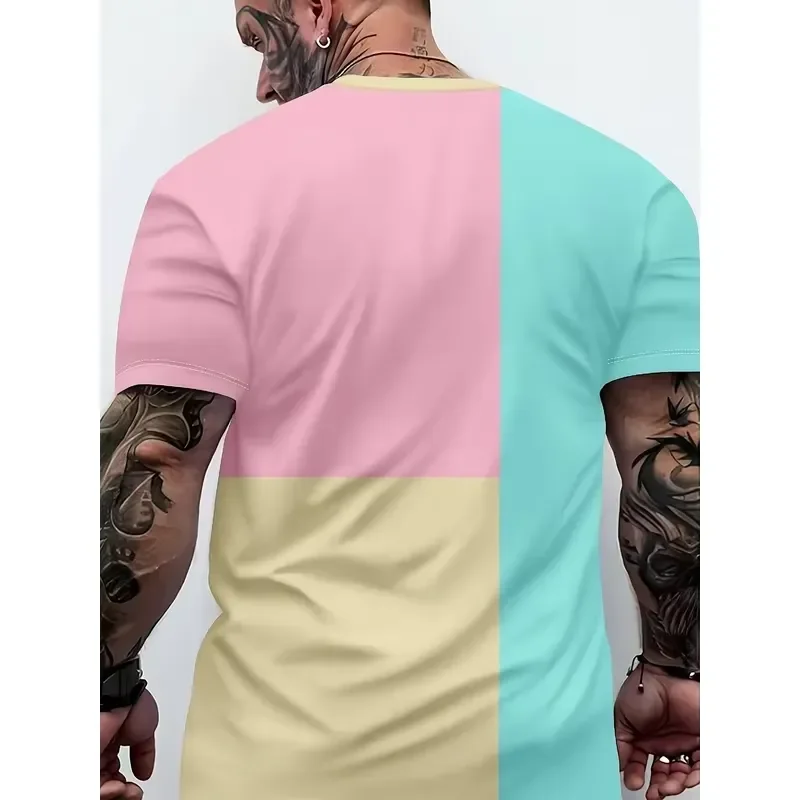 3D Digital Print Men T Shirt 2026 Crew Neck Light Comfortable Fabric Regular Fit Bright Color Block Pattern Outdoor Sports
