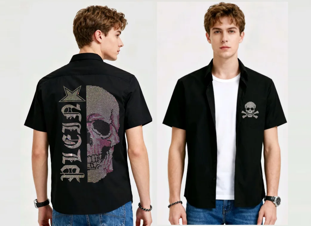 

Мужская летняя рубашка с коротким рукавом с рисунком черепа и блестящими стразами. Облегающий дизайн, идеально подходящий для повседневных рубашек.