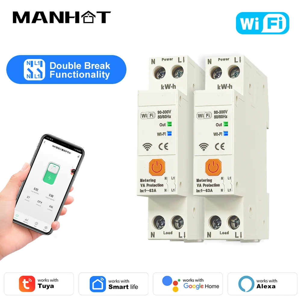 Manhot Tuya WiFi Smart Circuit Breaker 1P+N 63A MCB Time Relay Switch Energy Meter kWh Voltage Current Protector Remote Control