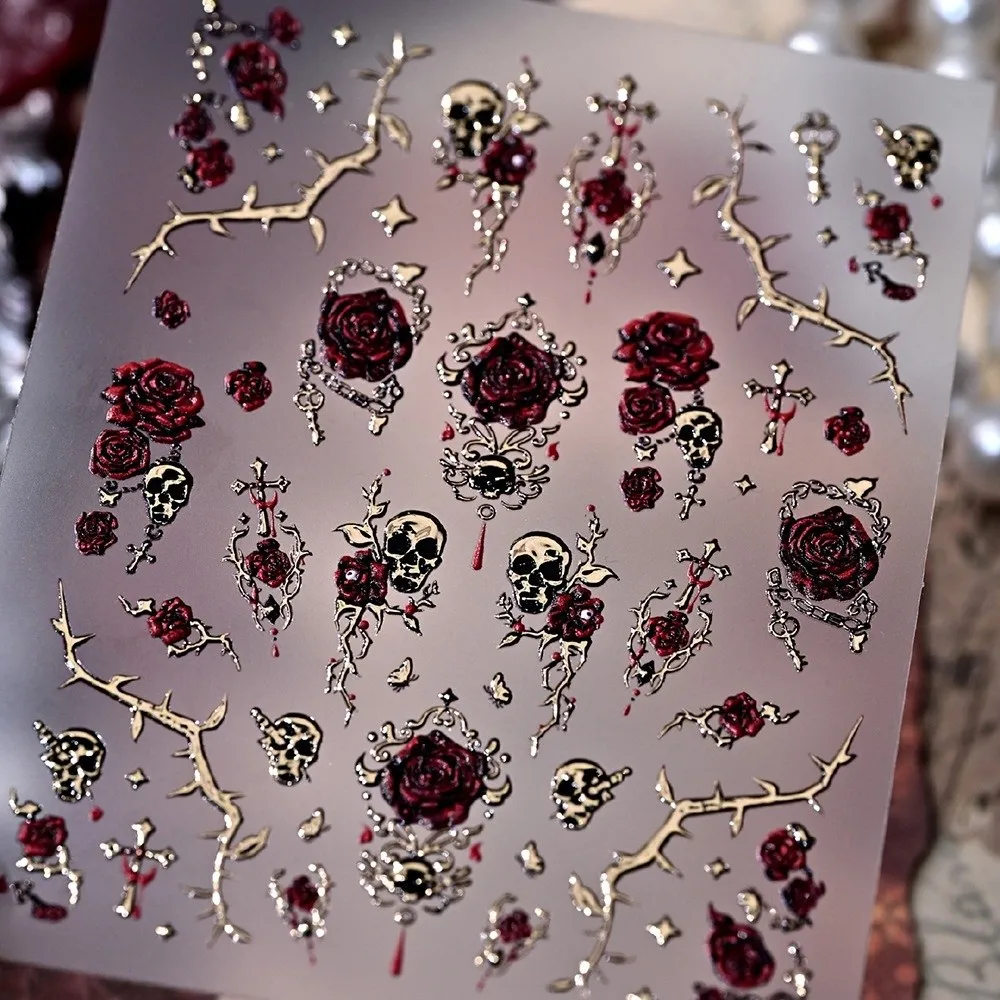 Self-adhesive Blood Rose Nail Stickers Halloween Nails Gold Silver Floral Nail Decals Y2k Punk Style Metal Gold
