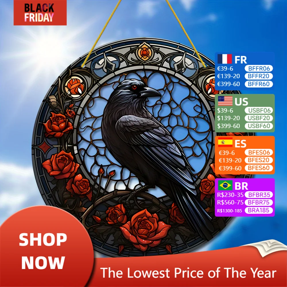 

Halloween Raven Crow Suncatcher - 20.32cm x 20.32cm Acrylic Stained Glass Window Hanging,Perfect for New Home Decor & Gifts