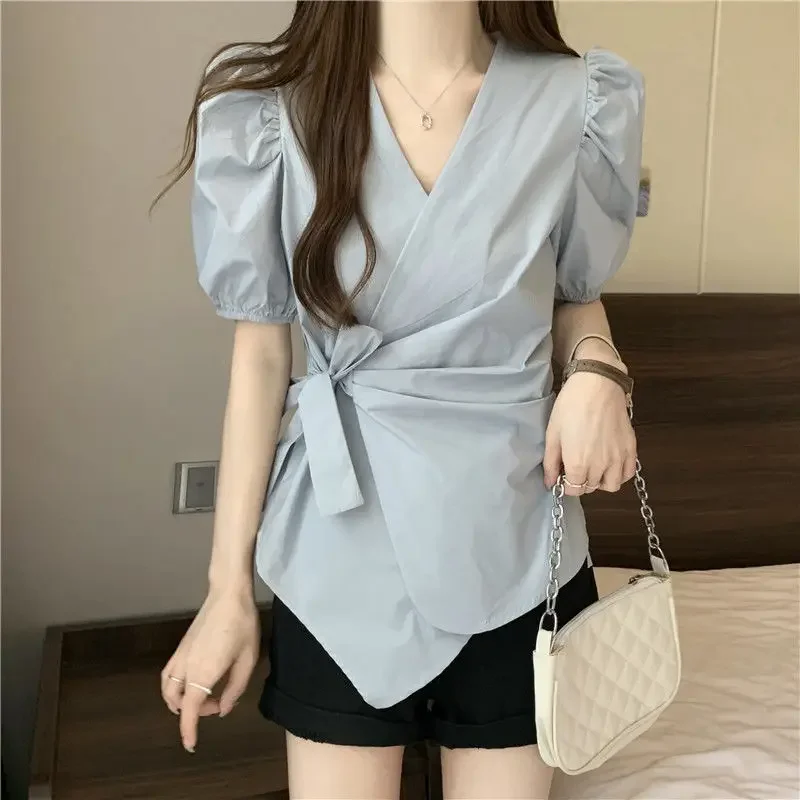 

Women Clothing V Neck Short Sleeve Lacing Korean Blouse Summer New Solid Pleated Irregular Fashion Shirt Tops Temperament Casual