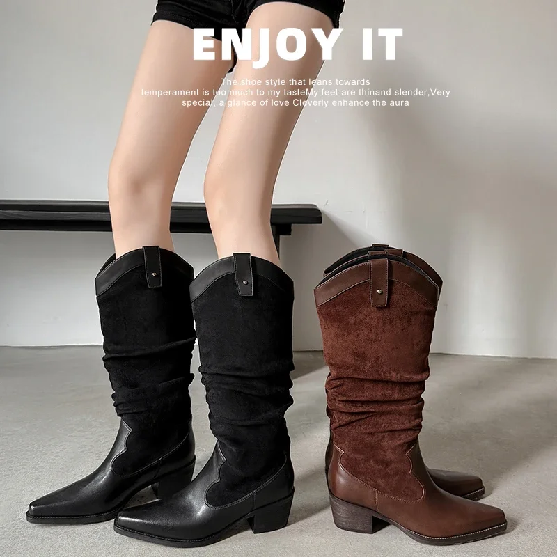 2026 new autumn winter women knee-high boots 22-25cm split leather+flannel square toe mixed color western boots long boots
