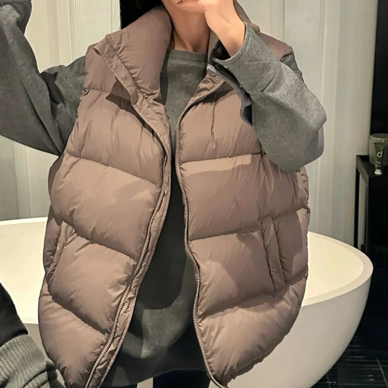 Autumn Winter Short Down Cotton Waistcoat Women 2025 New Fashion Loose Casual Cotton Jacket Pure Colour Zipper Outerwear Female