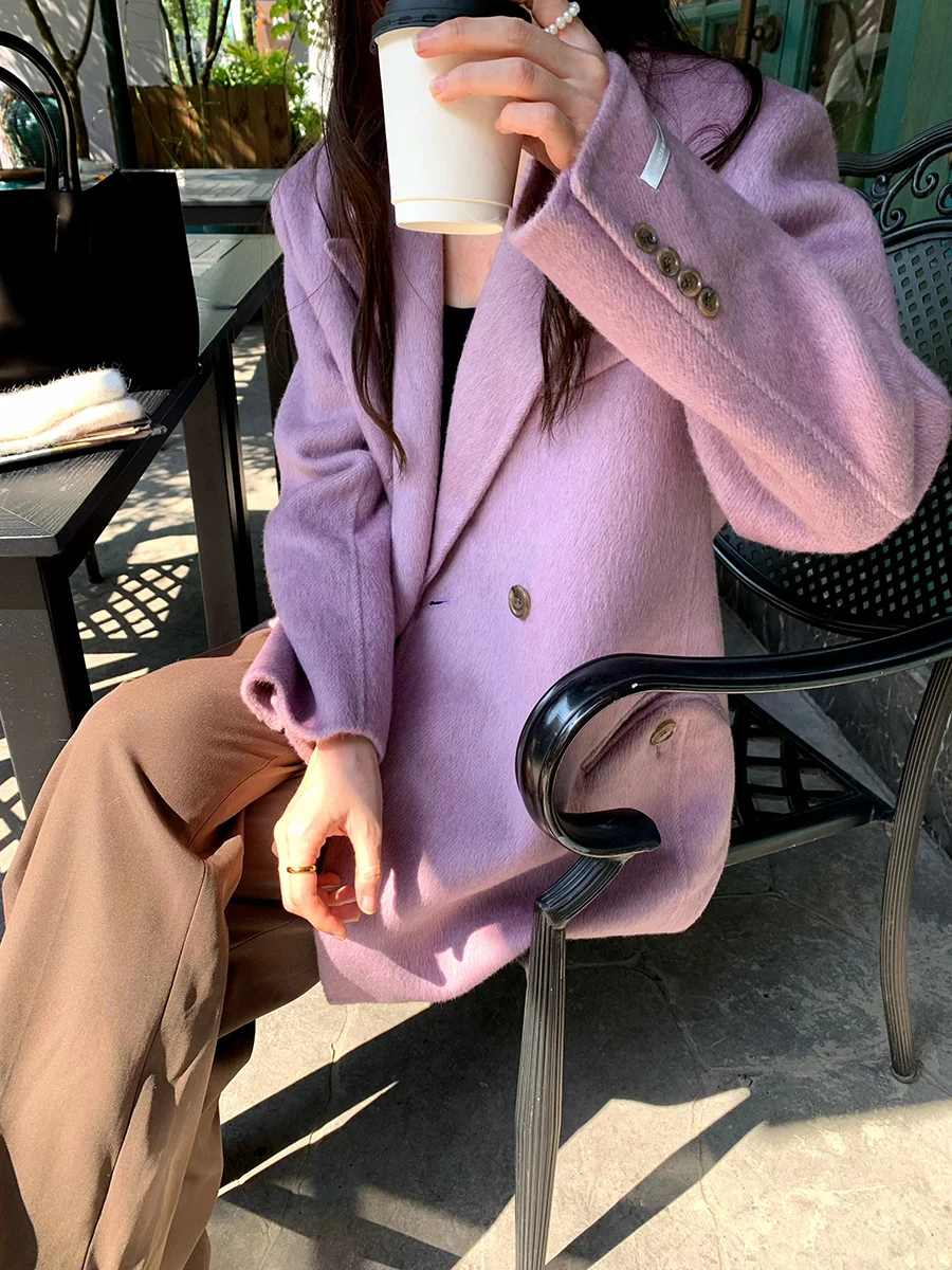 HTBT23 Autumn/Winter New Pocket Teeth Style Foreign Fashionable Double sided Fleece Coat Women's Short Suit Collar Wool Coat