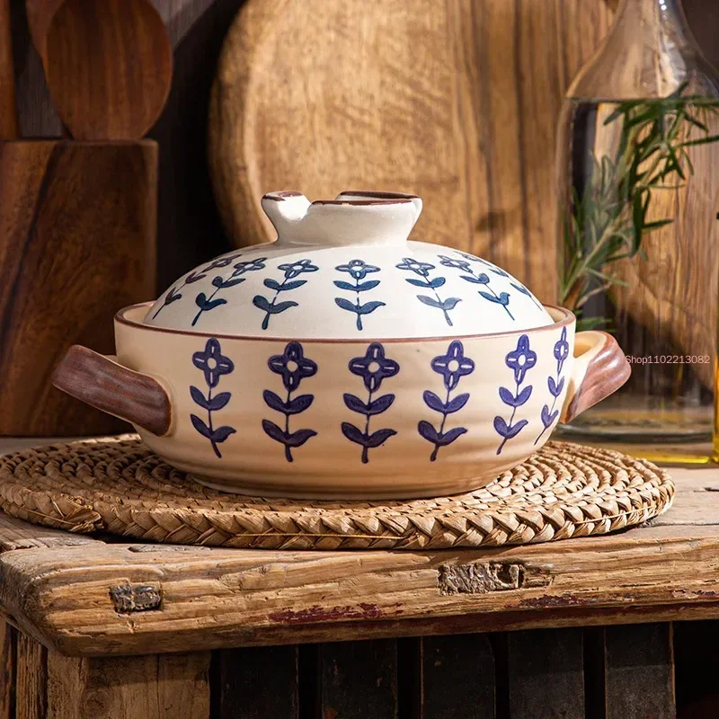 Japanese Ceramic Casserole Stew Pot Household Cooking Gas Retro Flower Pattern Soup Pots High Temperature Resistant Cooking Pot