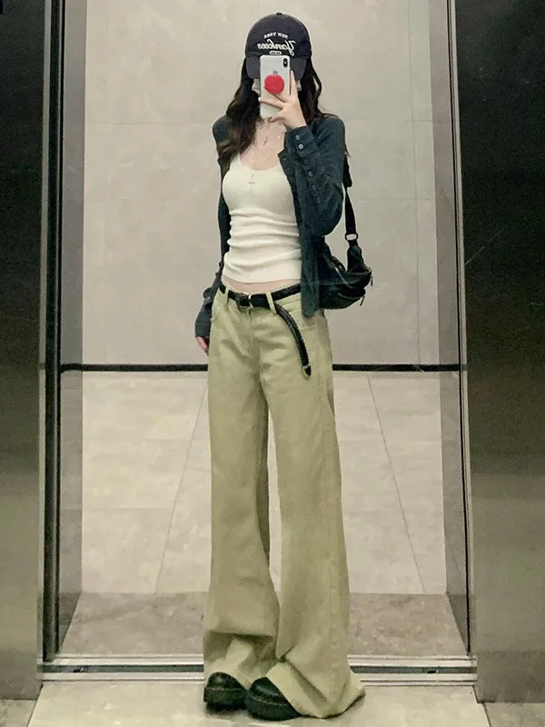 레트로 아메리칸 카키 플레어 진 여성용 루즈 스트레이트 레그 와이드 레그 롱 팬츠 가을 신상 슬레 로우 웨이스트 여성용 청바지