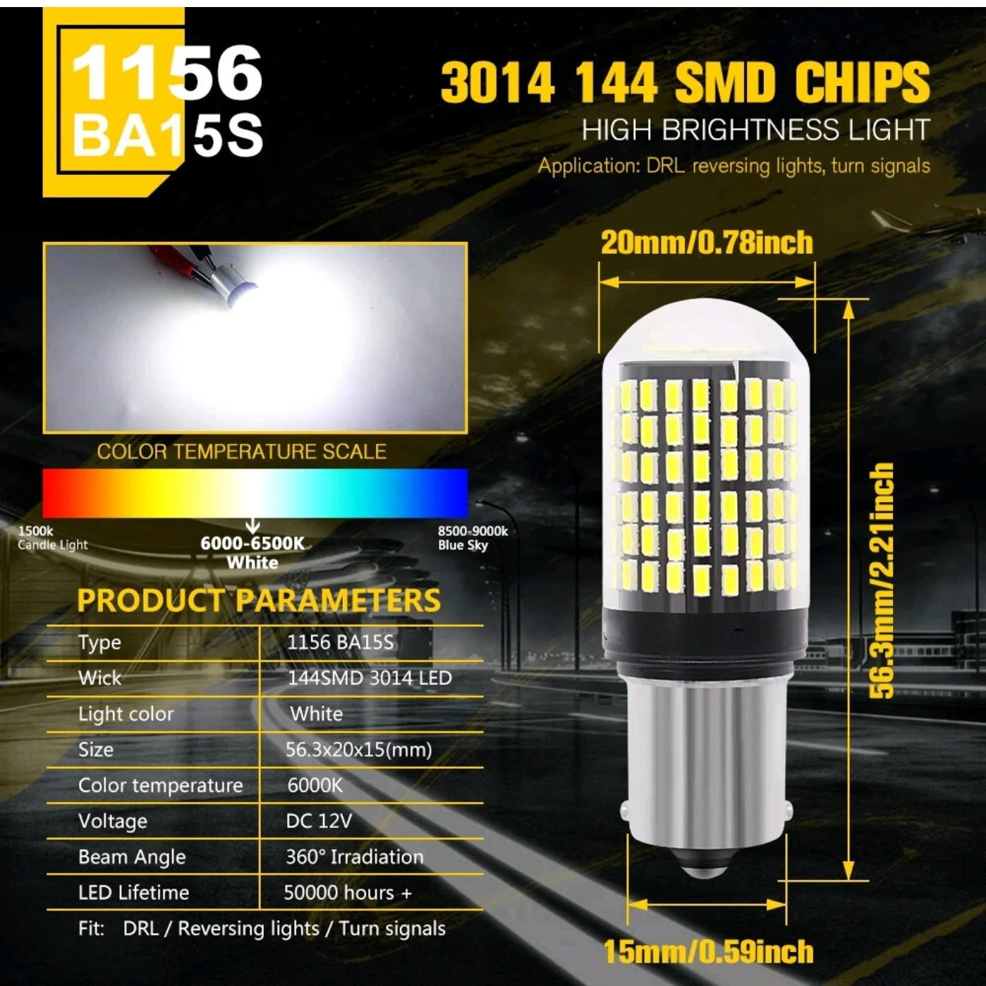 2025 update 1156 BA15S LED 144SMD Canbus White 20W Car Brake Reverse Lamp Tail Light Bulb