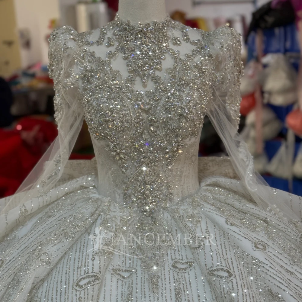 Gorgeous and Sparkling High Collar Princess Wedding Dress Long Sleeves Ruffles Bridal Ball Dress Customization vestido femininos