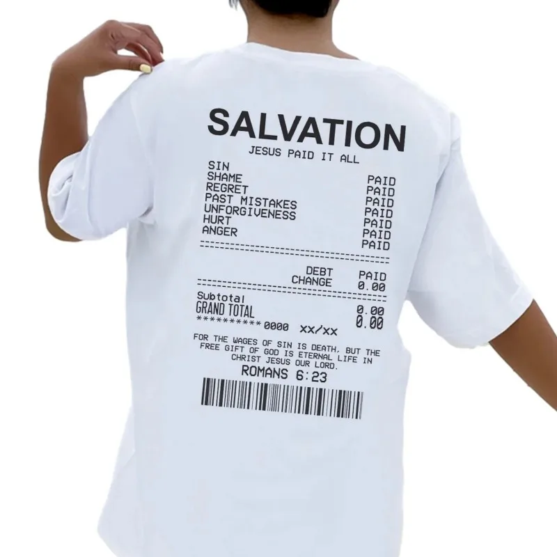 Women Salvation Back Print Bible Verse T-Shirts Oversized Funny Streetwear Christian T Shirts Jesus Faith Tees Gifts Cotton Tops