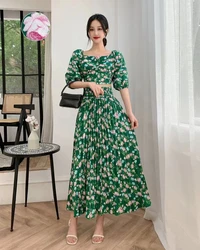 2023 New Summer Women Sweet Floral Skirt Suits Sexy Square Collar Puff Sleeve Short Top And Pleated Long Skirt Two Piece Set