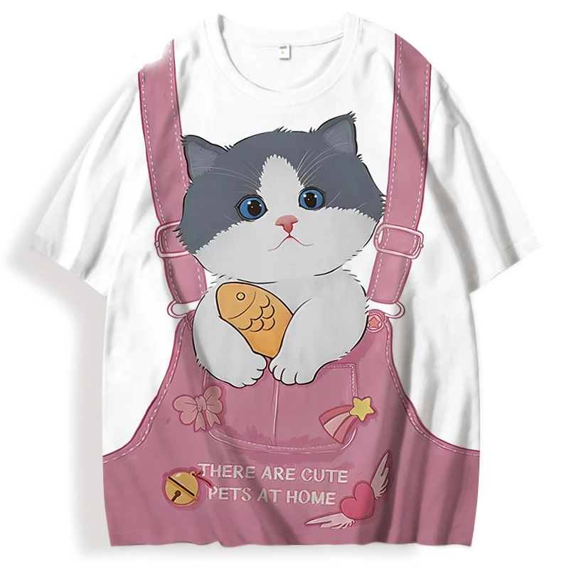 2025 Men's Funny Cat Overall 3D Animal Cute Pets Print Casual T-shirt Summer Men Women Short Sleeve Tee Street Trend Kid Y2k Top