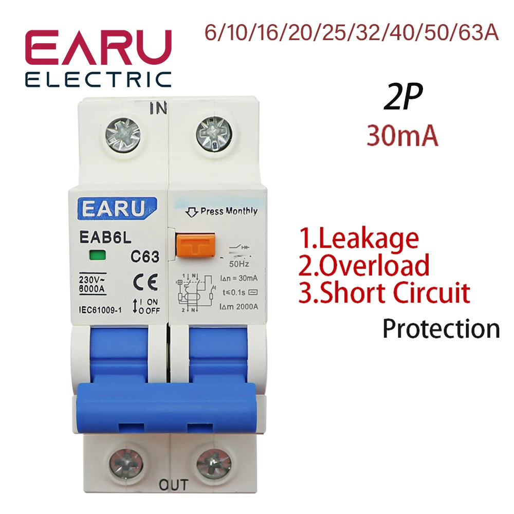 

2P AC230V MCB Leakage Protector RCBO Overload Short Circuit Protection 2P 30mA Residual Current Circuit Breaker Switch RCCB RCD