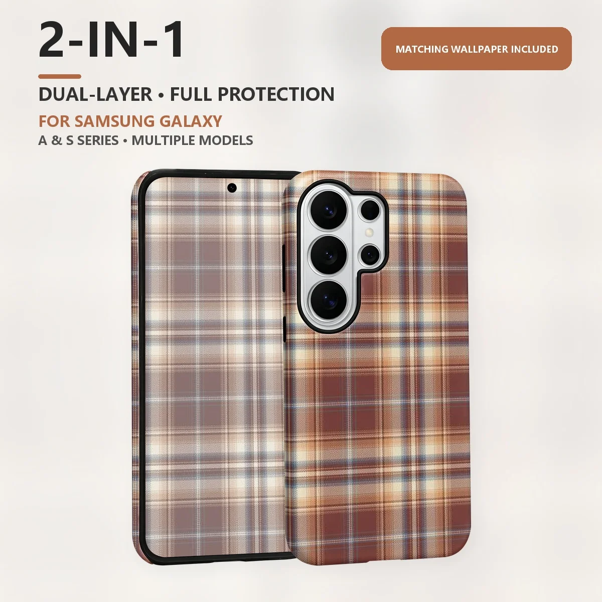 Brown Plaid Fabric 2-in-1 Dual-Layer Phone Case for Samsung Galaxy S26 S25 S24 S23 S22 S21 Plus Ultra FE S20 FE A56 A17 A16 A15