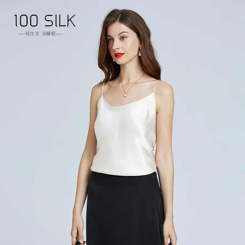 100% Silk Sling V-neck Camisole Women Base Inner Top Thin Straps Solid Camis Tank Tops Sleeveless Shirt Sling Female Satin Vest