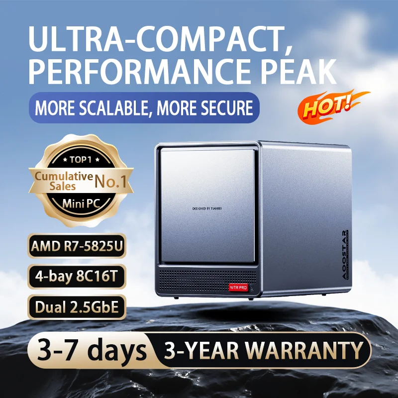 AOOSTAR WTR PRO, mini PC NAS con 4 alloggiamenti [versione con configurazione completa, ultima serie] AMD Ryzen 7 5825U (8 core, 16 thread, fino a 4,5 GHz), doppia porta Ethernet 2,5G, doppio slot M.2