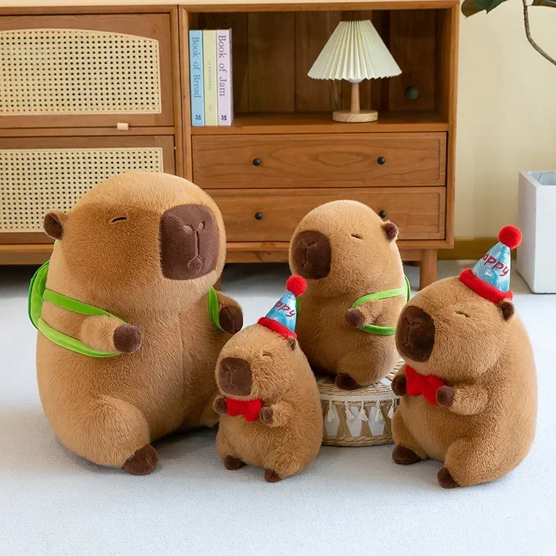 Novo 30-50cm bonito capivara pelúcia com chapéu feliz arco vermelho kawaii marrom capivara pelúcia aniamls brinquedos presentes de aniversário crianças